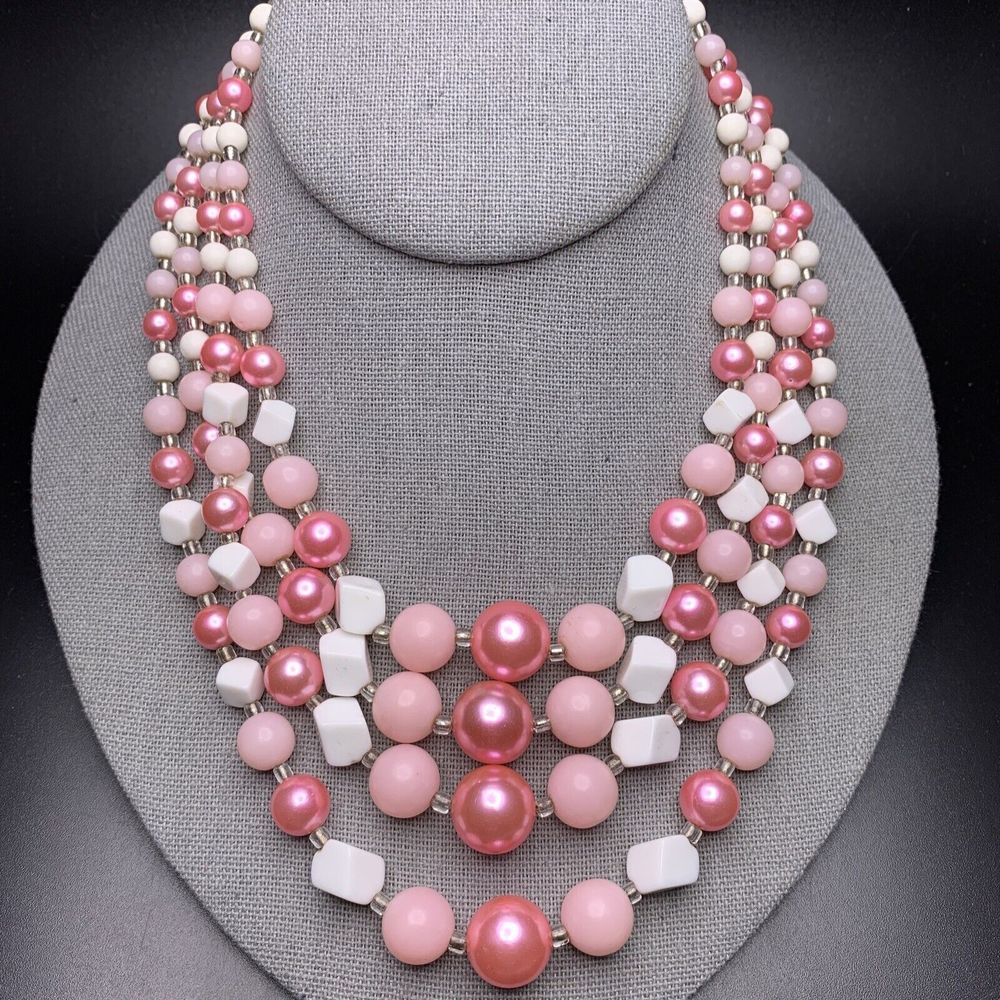 Pink Multi Strand Beaded Necklace Collar White Glass Faux Pearl Girly Vintage